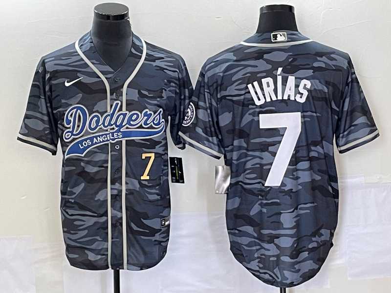 Mens Los Angeles Dodgers #7 Julio Urias Number Gray Camo Cool Base With Patch Stitched Baseball Jersey